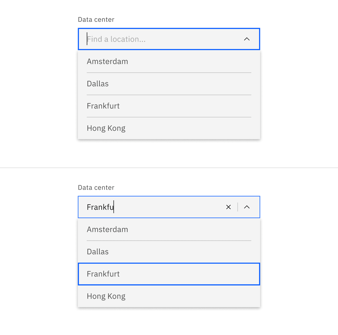 Combo box typing and option hover jumping to matched entry in the menu.